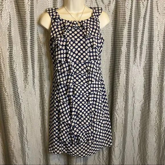 ADRIANNA PAPELL Womens Sleeveless Polka Dot Ruffle Front Dress Navy & Beige SZ 4 - Picture 1 of 6